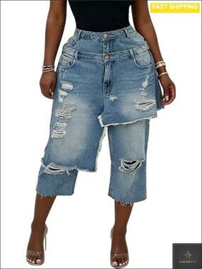 Women's Ripped High Waisted Wide Leg Denim Capris Cropped Jeans
